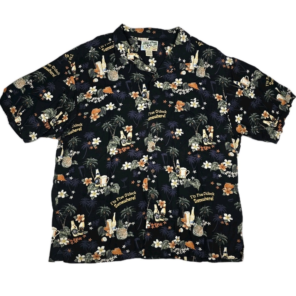 BIG DOGS Mens 2XL Hawaiian Shirt Black It's 5 o'clock Somewhere Graphic Print